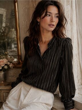 Banana Republic Metallic Stripe Silk/Cotton Blend Puff Shoulder Blouse - Size S